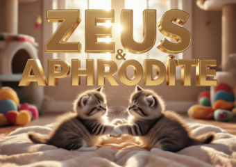 A viral, hyper-realistic YouTube thumbnail with a warm, cozy shelter atmosphere. The background is a soft sunlit cat room filled with colorful toys and scratching posts with golden hour lighting streaming through windows. The composition uses a low angle to focus on the main subject: two tiny fluffy kittens playfully wrestling on a plush blanket. Image size should be 3:2. The image features massive 3D typography with strict hierarchy: The Primary Text reads exactly: 'ZEUS & APHRODITE'. This text is massive, the largest element in the frame, rendered in sparkling gold chrome to look like a high-budget 3D render. The Secondary Text reads exactly: 'Need Home Together'. This text is significantly smaller, positioned below the main text. It features a thick, bright pink sticker-style outline to contrast against the background. Make sure text 2 is always different theme, style, effect and border compared to text 1