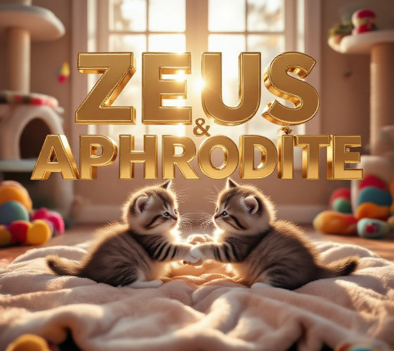A viral, hyper-realistic YouTube thumbnail with a warm, cozy shelter atmosphere. The background is a soft sunlit cat room filled with colorful toys and scratching posts with golden hour lighting streaming through windows. The composition uses a low angle to focus on the main subject: two tiny fluffy kittens playfully wrestling on a plush blanket. Image size should be 3:2.
The image features massive 3D typography with strict hierarchy:
The Primary Text reads exactly: 'ZEUS & APHRODITE'. This text is massive, the largest element in the frame, rendered in sparkling gold chrome to look like a high-budget 3D render.
The Secondary Text reads exactly: 'Need Home Together'. This text is significantly smaller, positioned below the main text. It features a thick, bright pink sticker-style outline to contrast against the background. Make sure text 2 is always different theme, style, effect and border compared to text 1