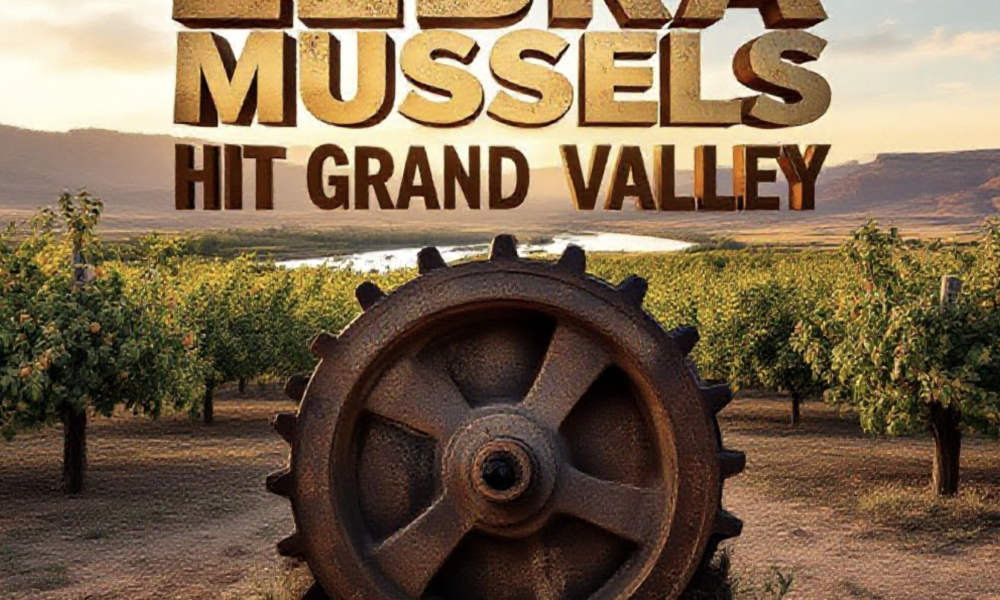 A viral, hyper-realistic YouTube thumbnail with a dramatic rural western Colorado atmosphere. The background is a dusty Palisade peach orchard at golden hour with the Colorado River and Book Cliffs in the distance, low water levels visible. The composition uses a low dramatic angle to focus on the main subject: a massive rusted irrigation valve completely covered in sharp zebra mussels. Image size should be 3:2. The image features massive 3D typography with strict hierarchy: The Primary Text reads exactly: 'ZEBRA MUSSELS HIT GRAND VALLEY'. This text is massive, the largest element in the frame, rendered in weathered chrome metal with water droplets to look like a high-budget 3D render. The Secondary Text reads exactly: 'Water Running Low'. This text is significantly smaller, positioned below the main text with a thick red danger-border outline sticker style. The text materials correspond to the story's concept. Crucial Instruction: There is absolutely NO other text, numbers, watermarks, or subtitles in this image other than these two specific lines. 8k, Unreal Engine 5, cinematic render