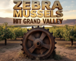A viral, hyper-realistic YouTube thumbnail with a dramatic rural western Colorado atmosphere. The background is a dusty Palisade peach orchard at golden hour with the Colorado River and Book Cliffs in the distance, low water levels visible. The composition uses a low dramatic angle to focus on the main subject: a massive rusted irrigation valve completely covered in sharp zebra mussels. Image size should be 3:2. The image features massive 3D typography with strict hierarchy: The Primary Text reads exactly: 'ZEBRA MUSSELS HIT GRAND VALLEY'. This text is massive, the largest element in the frame, rendered in weathered chrome metal with water droplets to look like a high-budget 3D render. The Secondary Text reads exactly: 'Water Running Low'. This text is significantly smaller, positioned below the main text with a thick red danger-border outline sticker style. The text materials correspond to the story's concept. Crucial Instruction: There is absolutely NO other text, numbers, watermarks, or subtitles in this image other than these two specific lines. 8k, Unreal Engine 5, cinematic render