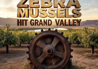 A viral, hyper-realistic YouTube thumbnail with a dramatic rural western Colorado atmosphere. The background is a dusty Palisade peach orchard at golden hour with the Colorado River and Book Cliffs in the distance, low water levels visible. The composition uses a low dramatic angle to focus on the main subject: a massive rusted irrigation valve completely covered in sharp zebra mussels. Image size should be 3:2. The image features massive 3D typography with strict hierarchy: The Primary Text reads exactly: 'ZEBRA MUSSELS HIT GRAND VALLEY'. This text is massive, the largest element in the frame, rendered in weathered chrome metal with water droplets to look like a high-budget 3D render. The Secondary Text reads exactly: 'Water Running Low'. This text is significantly smaller, positioned below the main text with a thick red danger-border outline sticker style. The text materials correspond to the story's concept. Crucial Instruction: There is absolutely NO other text, numbers, watermarks, or subtitles in this image other than these two specific lines. 8k, Unreal Engine 5, cinematic render