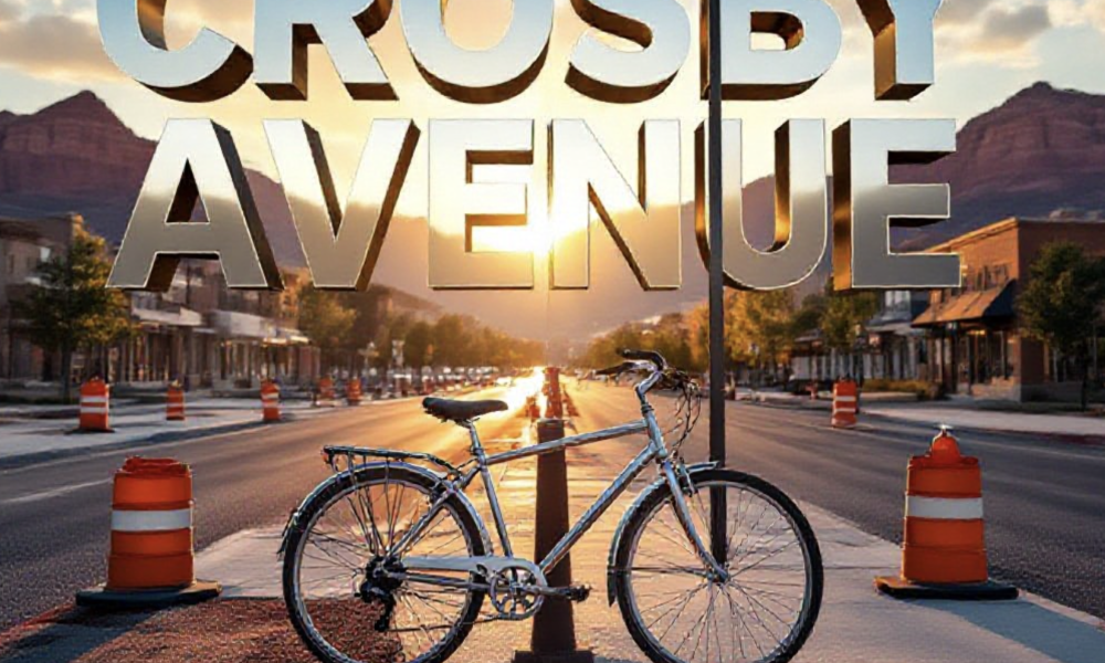 A viral, hyper-realistic YouTube thumbnail with a vibrant urban renewal atmosphere. The background is a sunlit Grand Junction street under construction with orange barrels, fresh asphalt, and Colorado red rock mountains in the distance with dramatic golden hour lighting. The composition uses a low-angle shot to focus on the main subject: a gleaming chrome bicycle locked to a brand-new LED streetlight pole emerging from smooth fresh pavement. Image size should be 3:2. The image features massive 3D typography with strict hierarchy: The Primary Text reads exactly: 'CROSBY AVENUE'. This text is massive, the largest element in the frame, rendered in polished chrome metal with realistic reflections to look like a high-budget 3D render. The Secondary Text reads exactly: 'GETS BIKE LANES'. This text is significantly smaller, positioned below the main text. It features a thick neon green outline with glowing edge effect to contrast against the background. Make sure text 2 is always different theme, style, effect and border compared to text 1.
