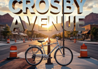 A viral, hyper-realistic YouTube thumbnail with a vibrant urban renewal atmosphere. The background is a sunlit Grand Junction street under construction with orange barrels, fresh asphalt, and Colorado red rock mountains in the distance with dramatic golden hour lighting. The composition uses a low-angle shot to focus on the main subject: a gleaming chrome bicycle locked to a brand-new LED streetlight pole emerging from smooth fresh pavement. Image size should be 3:2. The image features massive 3D typography with strict hierarchy: The Primary Text reads exactly: 'CROSBY AVENUE'. This text is massive, the largest element in the frame, rendered in polished chrome metal with realistic reflections to look like a high-budget 3D render. The Secondary Text reads exactly: 'GETS BIKE LANES'. This text is significantly smaller, positioned below the main text. It features a thick neon green outline with glowing edge effect to contrast against the background. Make sure text 2 is always different theme, style, effect and border compared to text 1.