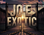 A viral, hyper-realistic YouTube thumbnail with a dramatic prison/political chaos atmosphere. The background is a dark, moody Colorado state prison yard at dusk mixed with subtle American flags waving and faint tiger stripes in the shadows, dramatic golden hour lighting with deep orange rim lights. The composition uses a low-angle shot to focus on the main subject: a massive, weathered iron prison gate slightly open with golden chains loosely hanging. Image size should be 3:2. The image features massive 3D typography with strict hierarchy: The Primary Text reads exactly: 'JOE EXOTIC'. This text is massive, the largest element in the frame, rendered in burning chrome with glowing orange edges to look like a high-budget 3D render. The Secondary Text reads exactly: 'WANTS PRISONER SWAP'. This text is significantly smaller, positioned below the main text. It features a thick, blood-red border/outline (sticker style) to contrast against the background. Make sure text 2 is always different theme, style, effect and border compared to text 1.
