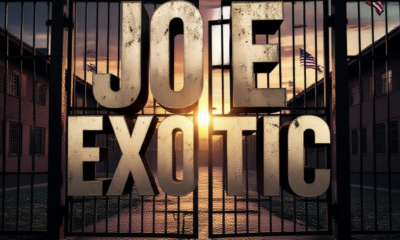 A viral, hyper-realistic YouTube thumbnail with a dramatic prison/political chaos atmosphere. The background is a dark, moody Colorado state prison yard at dusk mixed with subtle American flags waving and faint tiger stripes in the shadows, dramatic golden hour lighting with deep orange rim lights. The composition uses a low-angle shot to focus on the main subject: a massive, weathered iron prison gate slightly open with golden chains loosely hanging. Image size should be 3:2. The image features massive 3D typography with strict hierarchy: The Primary Text reads exactly: 'JOE EXOTIC'. This text is massive, the largest element in the frame, rendered in burning chrome with glowing orange edges to look like a high-budget 3D render. The Secondary Text reads exactly: 'WANTS PRISONER SWAP'. This text is significantly smaller, positioned below the main text. It features a thick, blood-red border/outline (sticker style) to contrast against the background. Make sure text 2 is always different theme, style, effect and border compared to text 1.