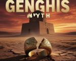 A viral, hyper-realistic YouTube thumbnail with a dramatic ancient-history atmosphere. The background is a vast Kazakh steppe at golden hour with the shadowy silhouette of a massive stone mausoleum rising against blood-orange sky, subtle dust particles in air. The composition uses a low-angle cinematic shot to focus on the main subject: an enormous cracked ancient golden seal ring lying broken on dry earth, symbolizing shattered legacy. Image size should be 3:2. The image features massive 3D typography with strict hierarchy: The Primary Text reads exactly: 'GENGHIS MYTH'. This text is massive, the largest element in the frame, rendered in weathered bronze with glowing red cracks running through letters to look like a high-budget 3D render. The Secondary Text reads exactly: 'DEBUNKED'. This text is significantly smaller, positioned below slamming into the ground. It features a thick white border with red glow outline (sticker style) to contrast against the background. Make sure text 2 is always different theme, style, effect and border compared to text 1