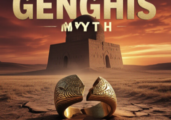 A viral, hyper-realistic YouTube thumbnail with a dramatic ancient-history atmosphere. The background is a vast Kazakh steppe at golden hour with the shadowy silhouette of a massive stone mausoleum rising against blood-orange sky, subtle dust particles in air. The composition uses a low-angle cinematic shot to focus on the main subject: an enormous cracked ancient golden seal ring lying broken on dry earth, symbolizing shattered legacy. Image size should be 3:2. The image features massive 3D typography with strict hierarchy: The Primary Text reads exactly: 'GENGHIS MYTH'. This text is massive, the largest element in the frame, rendered in weathered bronze with glowing red cracks running through letters to look like a high-budget 3D render. The Secondary Text reads exactly: 'DEBUNKED'. This text is significantly smaller, positioned below slamming into the ground. It features a thick white border with red glow outline (sticker style) to contrast against the background. Make sure text 2 is always different theme, style, effect and border compared to text 1