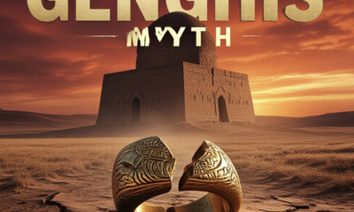 A viral, hyper-realistic YouTube thumbnail with a dramatic ancient-history atmosphere. The background is a vast Kazakh steppe at golden hour with the shadowy silhouette of a massive stone mausoleum rising against blood-orange sky, subtle dust particles in air. The composition uses a low-angle cinematic shot to focus on the main subject: an enormous cracked ancient golden seal ring lying broken on dry earth, symbolizing shattered legacy. Image size should be 3:2. The image features massive 3D typography with strict hierarchy: The Primary Text reads exactly: 'GENGHIS MYTH'. This text is massive, the largest element in the frame, rendered in weathered bronze with glowing red cracks running through letters to look like a high-budget 3D render. The Secondary Text reads exactly: 'DEBUNKED'. This text is significantly smaller, positioned below slamming into the ground. It features a thick white border with red glow outline (sticker style) to contrast against the background. Make sure text 2 is always different theme, style, effect and border compared to text 1