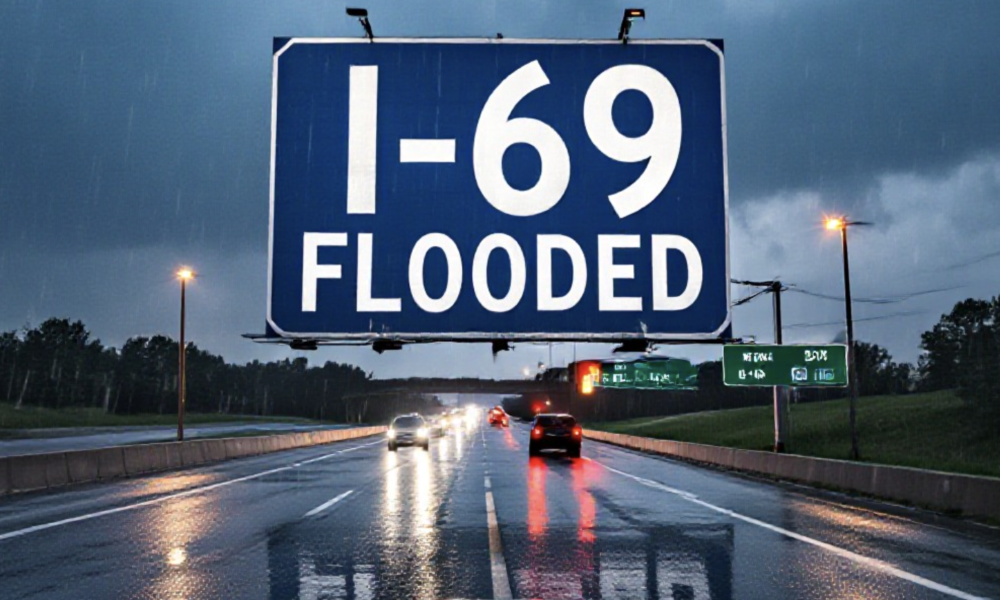 A viral, hyper-realistic YouTube thumbnail with a dramatic storm atmosphere. The background is a rain-soaked Indiana interstate at dawn with heavy downpour and standing water across lanes, dark storm clouds, flashing emergency lights in the distance. The composition uses a low dashboard camera angle to focus on the main subject: a large flooded highway sign reading "I-69". Image size should be 3:2. The image features massive 3D typography with strict hierarchy: The Primary Text reads exactly: 'I-69 FLOODED'. This text is massive, the largest element in the frame, rendered in dripping wet chrome to look like a high-budget 3D render. The Secondary Text reads exactly: 'Fort Wayne Chaos'. This text is significantly smaller, positioned below the main text. It features a thick, glowing red border/outline (sticker style) to contrast against the background. Make sure text 2 is always different theme, style, effect and border compared to text 1.