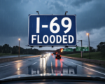 A viral, hyper-realistic YouTube thumbnail with a dramatic storm atmosphere. The background is a rain-soaked Indiana interstate at dawn with heavy downpour and standing water across lanes, dark storm clouds, flashing emergency lights in the distance. The composition uses a low dashboard camera angle to focus on the main subject: a large flooded highway sign reading "I-69". Image size should be 3:2. The image features massive 3D typography with strict hierarchy: The Primary Text reads exactly: 'I-69 FLOODED'. This text is massive, the largest element in the frame, rendered in dripping wet chrome to look like a high-budget 3D render. The Secondary Text reads exactly: 'Fort Wayne Chaos'. This text is significantly smaller, positioned below the main text. It features a thick, glowing red border/outline (sticker style) to contrast against the background. Make sure text 2 is always different theme, style, effect and border compared to text 1.