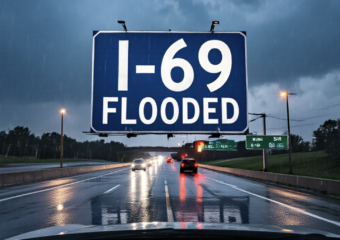 A viral, hyper-realistic YouTube thumbnail with a dramatic storm atmosphere. The background is a rain-soaked Indiana interstate at dawn with heavy downpour and standing water across lanes, dark storm clouds, flashing emergency lights in the distance. The composition uses a low dashboard camera angle to focus on the main subject: a large flooded highway sign reading "I-69". Image size should be 3:2. The image features massive 3D typography with strict hierarchy: The Primary Text reads exactly: 'I-69 FLOODED'. This text is massive, the largest element in the frame, rendered in dripping wet chrome to look like a high-budget 3D render. The Secondary Text reads exactly: 'Fort Wayne Chaos'. This text is significantly smaller, positioned below the main text. It features a thick, glowing red border/outline (sticker style) to contrast against the background. Make sure text 2 is always different theme, style, effect and border compared to text 1.