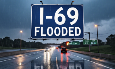 A viral, hyper-realistic YouTube thumbnail with a dramatic storm atmosphere. The background is a rain-soaked Indiana interstate at dawn with heavy downpour and standing water across lanes, dark storm clouds, flashing emergency lights in the distance. The composition uses a low dashboard camera angle to focus on the main subject: a large flooded highway sign reading "I-69". Image size should be 3:2. The image features massive 3D typography with strict hierarchy: The Primary Text reads exactly: 'I-69 FLOODED'. This text is massive, the largest element in the frame, rendered in dripping wet chrome to look like a high-budget 3D render. The Secondary Text reads exactly: 'Fort Wayne Chaos'. This text is significantly smaller, positioned below the main text. It features a thick, glowing red border/outline (sticker style) to contrast against the background. Make sure text 2 is always different theme, style, effect and border compared to text 1.