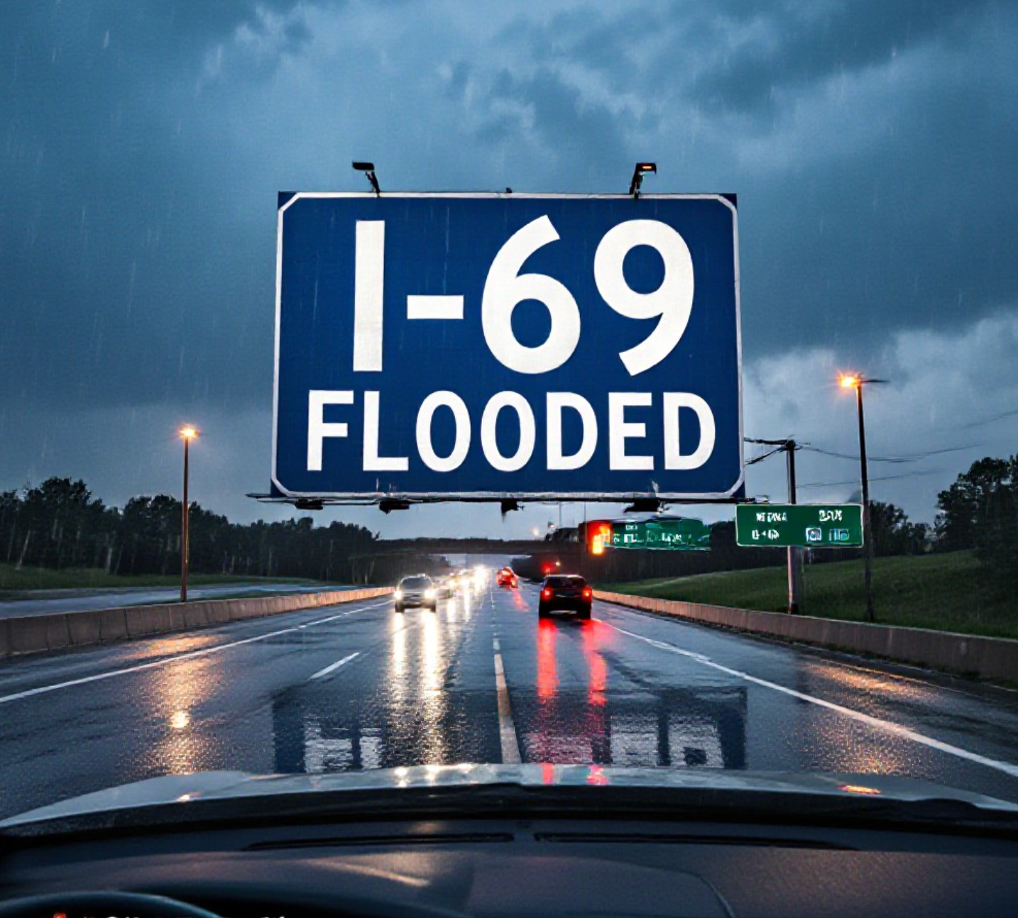 A viral, hyper-realistic YouTube thumbnail with a dramatic storm atmosphere. The background is a rain-soaked Indiana interstate at dawn with heavy downpour and standing water across lanes, dark storm clouds, flashing emergency lights in the distance. The composition uses a low dashboard camera angle to focus on the main subject: a large flooded highway sign reading "I-69". Image size should be 3:2.
The image features massive 3D typography with strict hierarchy:
The Primary Text reads exactly: 'I-69 FLOODED'. This text is massive, the largest element in the frame, rendered in dripping wet chrome to look like a high-budget 3D render.
The Secondary Text reads exactly: 'Fort Wayne Chaos'. This text is significantly smaller, positioned below the main text. It features a thick, glowing red border/outline (sticker style) to contrast against the background. Make sure text 2 is always different theme, style, effect and border compared to text 1.
