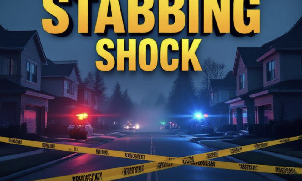 A viral, hyper-realistic YouTube thumbnail with a dark crime-scene atmosphere. The background is a quiet suburban street at 3:30 a.m. lit only by red and blue police lights flashing across modern two-story homes, light fog rolling low. The composition uses a dramatic low-angle shot to focus on the main subject: yellow police tape stretched across the frame in foreground. Image size should be 3:2. The image features massive 3D typography with strict hierarchy: The Primary Text reads exactly: 'STABBING SHOCK'. This text is massive, the largest element in the frame, rendered in glowing crimson chrome to look like a high-budget 3D render. The Secondary Text reads exactly: 'Suspect Arrested'. This text is significantly smaller, positioned below the main text. It features a thick white border with pulsing red outline to contrast against the dark background. Make sure text 2 is always different theme, style, effect and border compared to text 1.