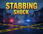 A viral, hyper-realistic YouTube thumbnail with a dark crime-scene atmosphere. The background is a quiet suburban street at 3:30 a.m. lit only by red and blue police lights flashing across modern two-story homes, light fog rolling low. The composition uses a dramatic low-angle shot to focus on the main subject: yellow police tape stretched across the frame in foreground. Image size should be 3:2. The image features massive 3D typography with strict hierarchy: The Primary Text reads exactly: 'STABBING SHOCK'. This text is massive, the largest element in the frame, rendered in glowing crimson chrome to look like a high-budget 3D render. The Secondary Text reads exactly: 'Suspect Arrested'. This text is significantly smaller, positioned below the main text. It features a thick white border with pulsing red outline to contrast against the dark background. Make sure text 2 is always different theme, style, effect and border compared to text 1.