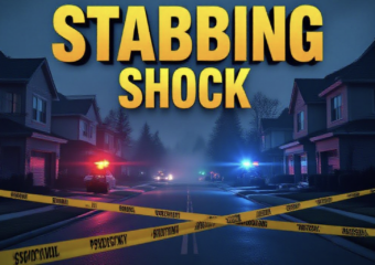 A viral, hyper-realistic YouTube thumbnail with a dark crime-scene atmosphere. The background is a quiet suburban street at 3:30 a.m. lit only by red and blue police lights flashing across modern two-story homes, light fog rolling low. The composition uses a dramatic low-angle shot to focus on the main subject: yellow police tape stretched across the frame in foreground. Image size should be 3:2. The image features massive 3D typography with strict hierarchy: The Primary Text reads exactly: 'STABBING SHOCK'. This text is massive, the largest element in the frame, rendered in glowing crimson chrome to look like a high-budget 3D render. The Secondary Text reads exactly: 'Suspect Arrested'. This text is significantly smaller, positioned below the main text. It features a thick white border with pulsing red outline to contrast against the dark background. Make sure text 2 is always different theme, style, effect and border compared to text 1.