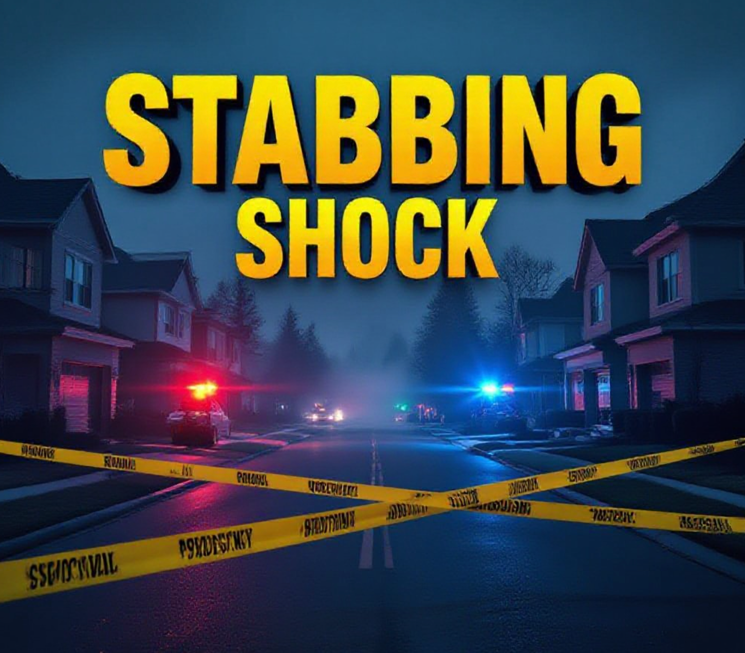 A viral, hyper-realistic YouTube thumbnail with a dark crime-scene atmosphere. The background is a quiet suburban street at 3:30 a.m. lit only by red and blue police lights flashing across modern two-story homes, light fog rolling low. The composition uses a dramatic low-angle shot to focus on the main subject: yellow police tape stretched across the frame in foreground. Image size should be 3:2.
The image features massive 3D typography with strict hierarchy:
The Primary Text reads exactly: 'STABBING SHOCK'. This text is massive, the largest element in the frame, rendered in glowing crimson chrome to look like a high-budget 3D render.
The Secondary Text reads exactly: 'Suspect Arrested'. This text is significantly smaller, positioned below the main text. It features a thick white border with pulsing red outline to contrast against the dark background. Make sure text 2 is always different theme, style, effect and border compared to text 1.