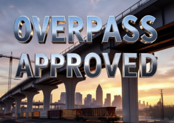 A viral, hyper-realistic YouTube thumbnail with a dramatic urban infrastructure atmosphere. The background is a massive construction site at golden hour with Fort Wayne skyline faint in distance, heavy machinery and steel beams rising. The composition uses a low dramatic camera angle to focus on the main subject: a gleaming new concrete overpass structure soaring upward with a freight train passing underneath. Image size should be 3:2. The image features massive 3D typography with strict hierarchy: The Primary Text reads exactly: 'OVERPASS APPROVED'. This text is massive, the largest element in the frame, rendered in polished chrome metal with glowing orange edges to look like a high-budget 3D render. The Secondary Text reads exactly: 'Ends Train Delays Forever'. This text is significantly smaller, positioned below the main text. It features a thick white border with red glow outline (sticker style) to contrast against the background. Make sure text 2 is always different theme, style, effect and border compared to text 1. The text materials correspond to the story's concept. Crucial Instruction: There is absolutely NO other text, numbers, watermarks, or subtitles in this image other than these two specific lines. 8k, Unreal Engine 5, cinematic render.