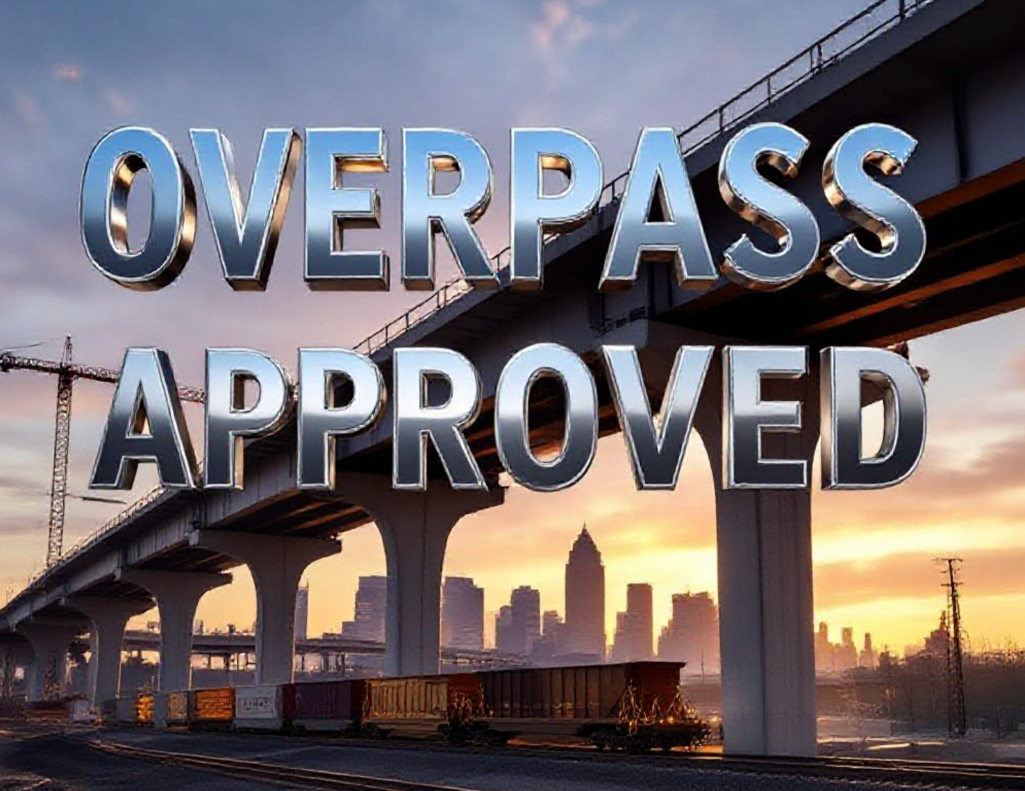 A viral, hyper-realistic YouTube thumbnail with a dramatic urban infrastructure atmosphere. The background is a massive construction site at golden hour with Fort Wayne skyline faint in distance, heavy machinery and steel beams rising. The composition uses a low dramatic camera angle to focus on the main subject: a gleaming new concrete overpass structure soaring upward with a freight train passing underneath. Image size should be 3:2. The image features massive 3D typography with strict hierarchy: The Primary Text reads exactly: 'OVERPASS APPROVED'. This text is massive, the largest element in the frame, rendered in polished chrome metal with glowing orange edges to look like a high-budget 3D render. The Secondary Text reads exactly: 'Ends Train Delays Forever'. This text is significantly smaller, positioned below the main text. It features a thick white border with red glow outline (sticker style) to contrast against the background. Make sure text 2 is always different theme, style, effect and border compared to text 1. The text materials correspond to the story's concept. Crucial Instruction: There is absolutely NO other text, numbers, watermarks, or subtitles in this image other than these two specific lines. 8k, Unreal Engine 5, cinematic render.