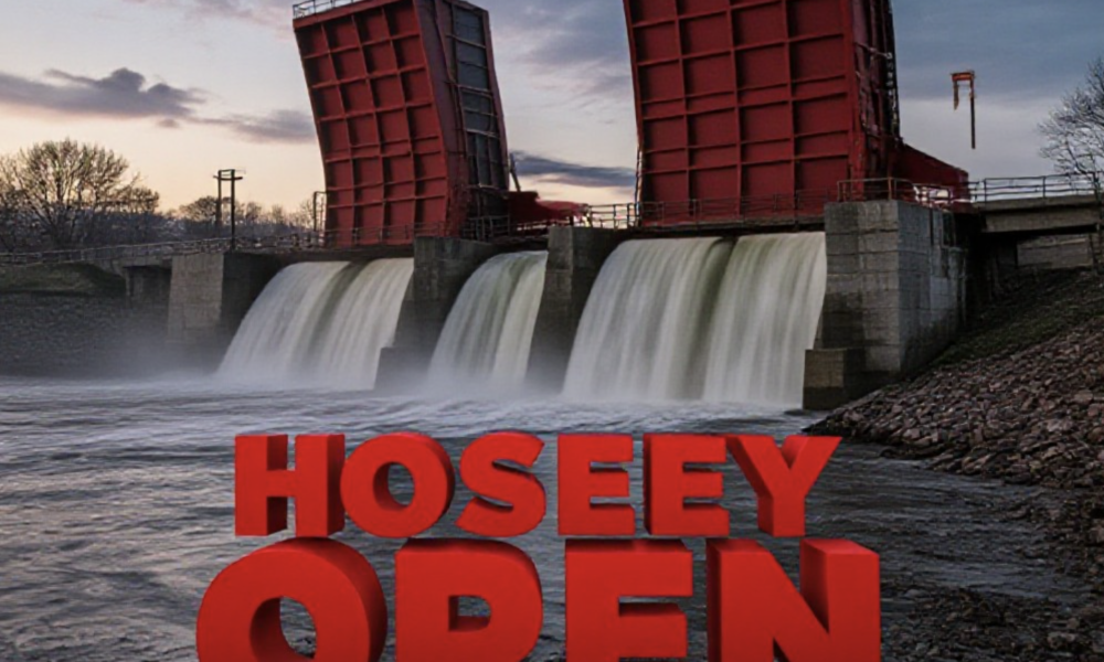 A viral, hyper-realistic YouTube thumbnail with a dramatic industrial atmosphere. The background is the St. Marys River in Fort Wayne at dusk with massive water rushing through fully opened red Tainter gates at Hosey Dam, low water exposing rocky riverbed and mud flats. The composition uses a low dramatic angle to focus on the main subject: enormous steel Tainter gates raised high with torrents of water pouring underneath. Image size should be 3:2. The image features massive 3D typography with strict hierarchy: The Primary Text reads exactly: 'HOSEY DAM OPEN'. This text is massive, the largest element in the frame, rendered in weathered industrial steel with rust and water spray effects to look like a high-budget 3D render. The Secondary Text reads exactly: 'River Drops Low'. This text is significantly smaller, positioned below the main text. It features a thick, glowing orange border/outline (sticker style) to contrast against the background. Make sure text 2 is always different theme, style, effect and border compared to text 1. The text materials correspond to the story's concept. Crucial Instruction: There is absolutely NO other text, numbers, watermarks, or subtitles in this image other than these two specific lines. 8k, Unreal Engine 5, cinematic render