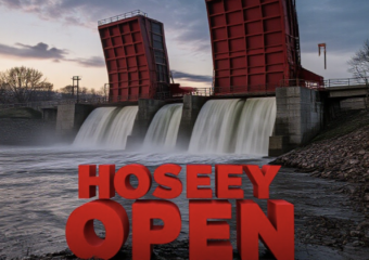 A viral, hyper-realistic YouTube thumbnail with a dramatic industrial atmosphere. The background is the St. Marys River in Fort Wayne at dusk with massive water rushing through fully opened red Tainter gates at Hosey Dam, low water exposing rocky riverbed and mud flats. The composition uses a low dramatic angle to focus on the main subject: enormous steel Tainter gates raised high with torrents of water pouring underneath. Image size should be 3:2. The image features massive 3D typography with strict hierarchy: The Primary Text reads exactly: 'HOSEY DAM OPEN'. This text is massive, the largest element in the frame, rendered in weathered industrial steel with rust and water spray effects to look like a high-budget 3D render. The Secondary Text reads exactly: 'River Drops Low'. This text is significantly smaller, positioned below the main text. It features a thick, glowing orange border/outline (sticker style) to contrast against the background. Make sure text 2 is always different theme, style, effect and border compared to text 1. The text materials correspond to the story's concept. Crucial Instruction: There is absolutely NO other text, numbers, watermarks, or subtitles in this image other than these two specific lines. 8k, Unreal Engine 5, cinematic render