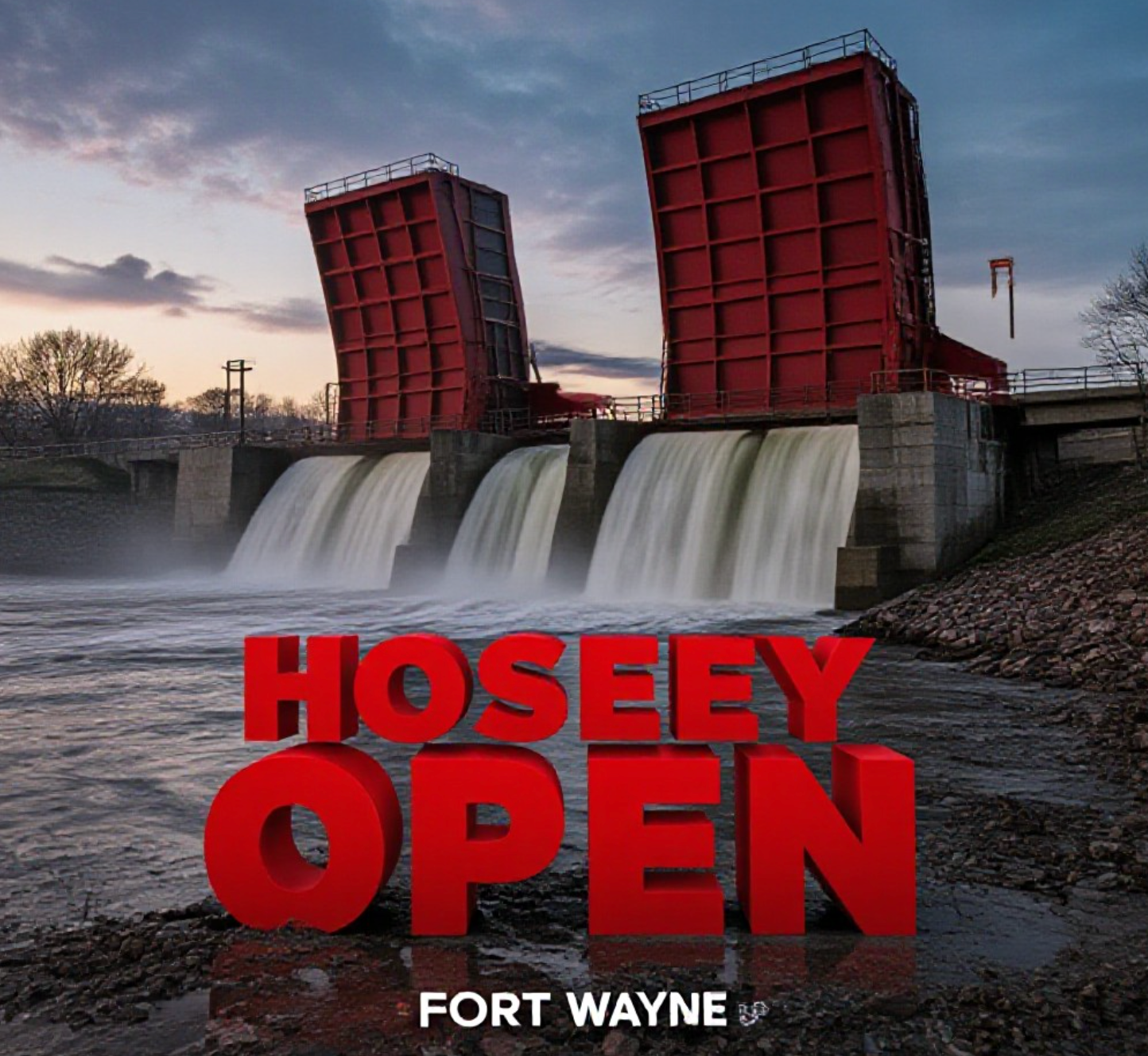 A viral, hyper-realistic YouTube thumbnail with a dramatic industrial atmosphere. The background is the St. Marys River in Fort Wayne at dusk with massive water rushing through fully opened red Tainter gates at Hosey Dam, low water exposing rocky riverbed and mud flats. The composition uses a low dramatic angle to focus on the main subject: enormous steel Tainter gates raised high with torrents of water pouring underneath. Image size should be 3:2. The image features massive 3D typography with strict hierarchy: The Primary Text reads exactly: 'HOSEY DAM OPEN'. This text is massive, the largest element in the frame, rendered in weathered industrial steel with rust and water spray effects to look like a high-budget 3D render. The Secondary Text reads exactly: 'River Drops Low'. This text is significantly smaller, positioned below the main text. It features a thick, glowing orange border/outline (sticker style) to contrast against the background. Make sure text 2 is always different theme, style, effect and border compared to text 1. The text materials correspond to the story's concept. Crucial Instruction: There is absolutely NO other text, numbers, watermarks, or subtitles in this image other than these two specific lines. 8k, Unreal Engine 5, cinematic render