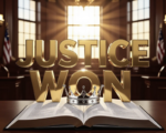 A viral, hyper-realistic YouTube thumbnail with a dramatic courtroom victory atmosphere. The background is the Indiana Statehouse chamber filled with golden afternoon light streaming through tall windows. The composition uses a powerful low angle to focus on the main subject: a gleaming silver crown resting on an open law book. Image size should be 3:2. The image features massive 3D typography with strict hierarchy: The Primary Text reads exactly: 'JUSTICE WON'. This text is massive, the largest element in the frame, rendered in polished gold chrome to look like a high-budget 3D render. The Secondary Text reads exactly: 'Grace Fights Back'. This text is significantly smaller, positioned below the main text. It features a thick white glow border with red outline to contrast against the background. 8k, Unreal Engine 5, cinematic render.