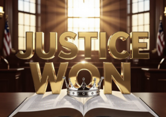 A viral, hyper-realistic YouTube thumbnail with a dramatic courtroom victory atmosphere. The background is the Indiana Statehouse chamber filled with golden afternoon light streaming through tall windows. The composition uses a powerful low angle to focus on the main subject: a gleaming silver crown resting on an open law book. Image size should be 3:2. The image features massive 3D typography with strict hierarchy: The Primary Text reads exactly: 'JUSTICE WON'. This text is massive, the largest element in the frame, rendered in polished gold chrome to look like a high-budget 3D render. The Secondary Text reads exactly: 'Grace Fights Back'. This text is significantly smaller, positioned below the main text. It features a thick white glow border with red outline to contrast against the background. 8k, Unreal Engine 5, cinematic render.