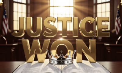 A viral, hyper-realistic YouTube thumbnail with a dramatic courtroom victory atmosphere. The background is the Indiana Statehouse chamber filled with golden afternoon light streaming through tall windows. The composition uses a powerful low angle to focus on the main subject: a gleaming silver crown resting on an open law book. Image size should be 3:2. The image features massive 3D typography with strict hierarchy: The Primary Text reads exactly: 'JUSTICE WON'. This text is massive, the largest element in the frame, rendered in polished gold chrome to look like a high-budget 3D render. The Secondary Text reads exactly: 'Grace Fights Back'. This text is significantly smaller, positioned below the main text. It features a thick white glow border with red outline to contrast against the background. 8k, Unreal Engine 5, cinematic render.