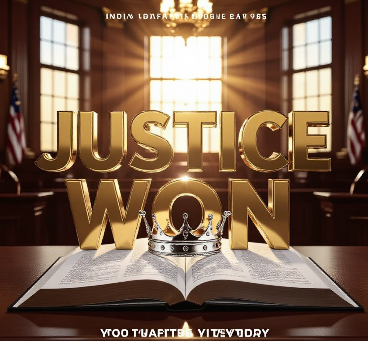 A viral, hyper-realistic YouTube thumbnail with a dramatic courtroom victory atmosphere. The background is the Indiana Statehouse chamber filled with golden afternoon light streaming through tall windows. The composition uses a powerful low angle to focus on the main subject: a gleaming silver crown resting on an open law book. Image size should be 3:2. The image features massive 3D typography with strict hierarchy: The Primary Text reads exactly: 'JUSTICE WON'. This text is massive, the largest element in the frame, rendered in polished gold chrome to look like a high-budget 3D render. The Secondary Text reads exactly: 'Grace Fights Back'. This text is significantly smaller, positioned below the main text. It features a thick white glow border with red outline to contrast against the background. 8k, Unreal Engine 5, cinematic render.