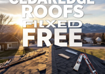 A viral, hyper-realistic YouTube thumbnail with a warm, golden-hour rural Colorado atmosphere. The background is a classic small-town Cedaredge home with fresh shingles being installed on a sunny March day, Rocky Mountains in the distance with soft lens flare. The composition uses a low-angle heroic shot to focus on the main subject: a weathered but perfectly repaired rooftop with ladders leaning against it. Image size should be 3:2. The image features massive 3D typography with strict hierarchy: The Primary Text reads exactly: 'CEDAREDGE ROOFS FIXED FREE'. This text is massive, the largest element in the frame, rendered in polished chrome with subtle American flag reflections to look like a high-budget 3D render. The Secondary Text reads exactly: '32 Volunteers, 1 Day'. This text is significantly smaller, positioned below the main text. It features a thick red-white-blue outline border (sticker style) to contrast against the sky. Make sure text 2 is always different theme, style, effect and border compared to text 1.