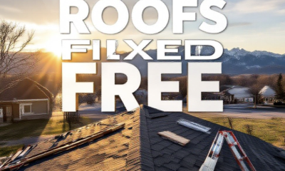 A viral, hyper-realistic YouTube thumbnail with a warm, golden-hour rural Colorado atmosphere. The background is a classic small-town Cedaredge home with fresh shingles being installed on a sunny March day, Rocky Mountains in the distance with soft lens flare. The composition uses a low-angle heroic shot to focus on the main subject: a weathered but perfectly repaired rooftop with ladders leaning against it. Image size should be 3:2. The image features massive 3D typography with strict hierarchy: The Primary Text reads exactly: 'CEDAREDGE ROOFS FIXED FREE'. This text is massive, the largest element in the frame, rendered in polished chrome with subtle American flag reflections to look like a high-budget 3D render. The Secondary Text reads exactly: '32 Volunteers, 1 Day'. This text is significantly smaller, positioned below the main text. It features a thick red-white-blue outline border (sticker style) to contrast against the sky. Make sure text 2 is always different theme, style, effect and border compared to text 1.
