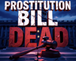 A viral, hyper-realistic YouTube thumbnail with a dramatic political atmosphere. The background is the Colorado State Capitol dome at dusk with deep red and blue lighting casting long shadows. The composition uses a low dramatic camera angle to focus on the main subject: a massive cracked gavel made of cold stone lying broken on marble steps. Image size should be 3:2. The image features massive 3D typography with strict hierarchy: The Primary Text reads exactly: 'PROSTITUTION BILL DEAD'. This text is massive, the largest element in the frame, rendered in cracked blood-red marble with deep shadows to look like a high-budget 3D render. The Secondary Text reads exactly: 'Colorado Postpones Indefinitely'. This text is significantly smaller, positioned below the main text. It features a thick white glow border with electric blue outline to contrast against the dark background. Make sure text 2 is always different theme, style, effect and border compared to text 1.