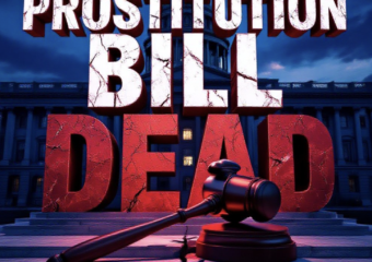 A viral, hyper-realistic YouTube thumbnail with a dramatic political atmosphere. The background is the Colorado State Capitol dome at dusk with deep red and blue lighting casting long shadows. The composition uses a low dramatic camera angle to focus on the main subject: a massive cracked gavel made of cold stone lying broken on marble steps. Image size should be 3:2. The image features massive 3D typography with strict hierarchy: The Primary Text reads exactly: 'PROSTITUTION BILL DEAD'. This text is massive, the largest element in the frame, rendered in cracked blood-red marble with deep shadows to look like a high-budget 3D render. The Secondary Text reads exactly: 'Colorado Postpones Indefinitely'. This text is significantly smaller, positioned below the main text. It features a thick white glow border with electric blue outline to contrast against the dark background. Make sure text 2 is always different theme, style, effect and border compared to text 1.