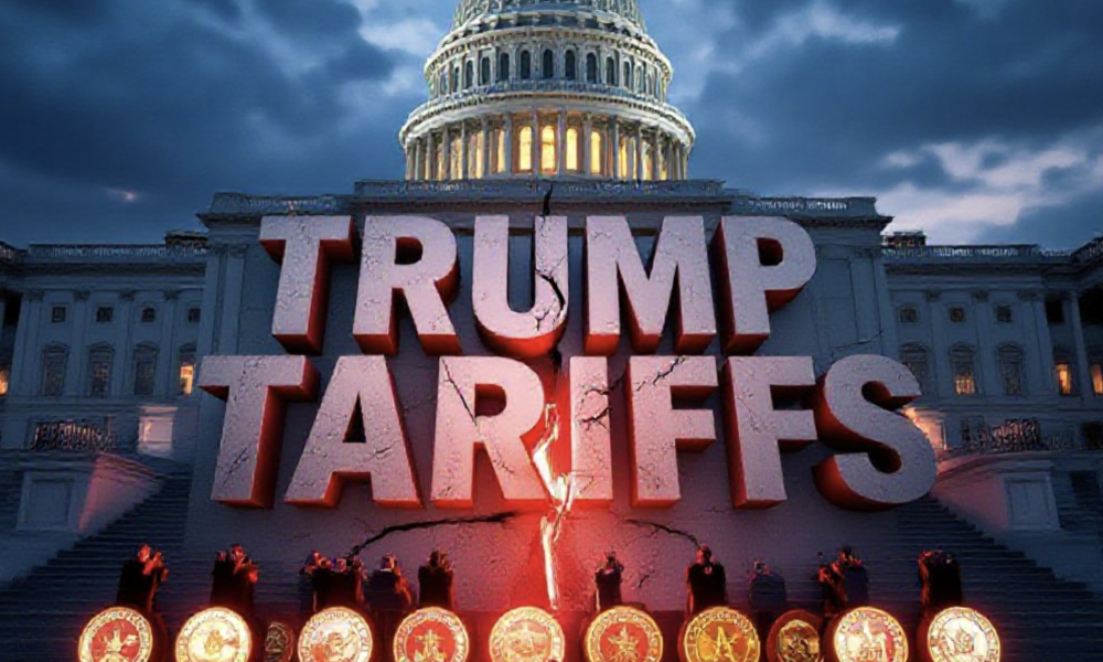 A viral, hyper-realistic YouTube thumbnail with a tense political showdown atmosphere. The background is the U.S. Capitol building at dusk with dramatic storm clouds gathering and red emergency lighting spilling across the steps. The composition uses a dramatic low-angle shot to focus on the main subject: a massive, cracked concrete wall stamped with "TRUMP TARIFFS" that's being blocked by eighteen glowing state seals forming a barrier. Image size should be 3:2. The image features massive 3D typography with strict hierarchy: The Primary Text reads exactly: 'TRUMP TARIFFS'. This text is massive, the largest element in the frame, rendered in rusted industrial steel with sharp edges and red warning glow to look like a high-budget 3D render. The Secondary Text reads exactly: '18 GOVERNORS SAY NO'. This text is significantly smaller, positioned below the main text. It features a thick white border with electric blue outline (sticker style) to contrast against the background. Make sure text 2 is always different theme, style, effect and border compared to text 1