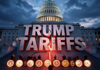 A viral, hyper-realistic YouTube thumbnail with a tense political showdown atmosphere. The background is the U.S. Capitol building at dusk with dramatic storm clouds gathering and red emergency lighting spilling across the steps. The composition uses a dramatic low-angle shot to focus on the main subject: a massive, cracked concrete wall stamped with "TRUMP TARIFFS" that's being blocked by eighteen glowing state seals forming a barrier. Image size should be 3:2. The image features massive 3D typography with strict hierarchy: The Primary Text reads exactly: 'TRUMP TARIFFS'. This text is massive, the largest element in the frame, rendered in rusted industrial steel with sharp edges and red warning glow to look like a high-budget 3D render. The Secondary Text reads exactly: '18 GOVERNORS SAY NO'. This text is significantly smaller, positioned below the main text. It features a thick white border with electric blue outline (sticker style) to contrast against the background. Make sure text 2 is always different theme, style, effect and border compared to text 1