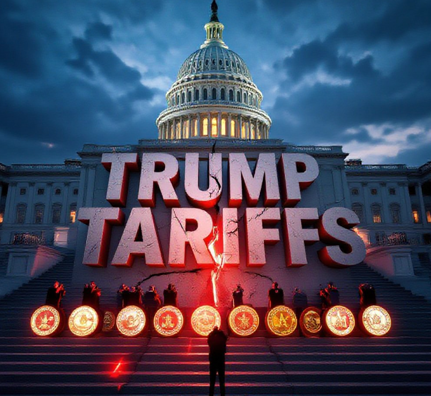 A viral, hyper-realistic YouTube thumbnail with a tense political showdown atmosphere. The background is the U.S. Capitol building at dusk with dramatic storm clouds gathering and red emergency lighting spilling across the steps. The composition uses a dramatic low-angle shot to focus on the main subject: a massive, cracked concrete wall stamped with "TRUMP TARIFFS" that's being blocked by eighteen glowing state seals forming a barrier. Image size should be 3:2.
The image features massive 3D typography with strict hierarchy:
The Primary Text reads exactly: 'TRUMP TARIFFS'. This text is massive, the largest element in the frame, rendered in rusted industrial steel with sharp edges and red warning glow to look like a high-budget 3D render.
The Secondary Text reads exactly: '18 GOVERNORS SAY NO'. This text is significantly smaller, positioned below the main text. It features a thick white border with electric blue outline (sticker style) to contrast against the background. Make sure text 2 is always different theme, style, effect and border compared to text 1