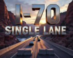 A viral, hyper-realistic YouTube thumbnail with a dramatic automotive atmosphere. The background is the iconic red rock walls of Glenwood Canyon at golden hour with the Colorado River rushing below and massive concrete barriers freshly placed across I-70. The composition uses a low-angle dramatic shot looking east through the canyon to emphasize the squeeze. Image size should be 3:2. The image features massive 3D typography with strict hierarchy: The Primary Text reads exactly: 'I-70 SINGLE LANE'. This text is massive, the largest element in the frame, rendered in weathered chrome and concrete texture to look like a high-budget 3D render. The Secondary Text reads exactly: 'STARTS MONDAY'. This text is significantly smaller, positioned below the main text with a bold red sticker-style border and slight motion blur effect. The text materials correspond to the story's concept. Crucial Instruction: There is absolutely NO other text, numbers, watermarks, or subtitles in this image other than these two specific lines. 8k, Unreal Engine 5, cinematic render