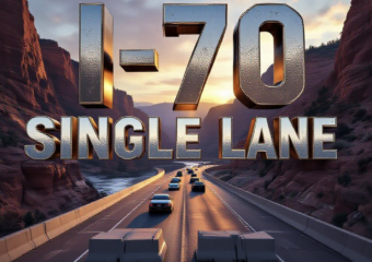 A viral, hyper-realistic YouTube thumbnail with a dramatic automotive atmosphere. The background is the iconic red rock walls of Glenwood Canyon at golden hour with the Colorado River rushing below and massive concrete barriers freshly placed across I-70. The composition uses a low-angle dramatic shot looking east through the canyon to emphasize the squeeze. Image size should be 3:2. The image features massive 3D typography with strict hierarchy: The Primary Text reads exactly: 'I-70 SINGLE LANE'. This text is massive, the largest element in the frame, rendered in weathered chrome and concrete texture to look like a high-budget 3D render. The Secondary Text reads exactly: 'STARTS MONDAY'. This text is significantly smaller, positioned below the main text with a bold red sticker-style border and slight motion blur effect. The text materials correspond to the story's concept. Crucial Instruction: There is absolutely NO other text, numbers, watermarks, or subtitles in this image other than these two specific lines. 8k, Unreal Engine 5, cinematic render