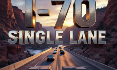 A viral, hyper-realistic YouTube thumbnail with a dramatic automotive atmosphere. The background is the iconic red rock walls of Glenwood Canyon at golden hour with the Colorado River rushing below and massive concrete barriers freshly placed across I-70. The composition uses a low-angle dramatic shot looking east through the canyon to emphasize the squeeze. Image size should be 3:2. The image features massive 3D typography with strict hierarchy: The Primary Text reads exactly: 'I-70 SINGLE LANE'. This text is massive, the largest element in the frame, rendered in weathered chrome and concrete texture to look like a high-budget 3D render. The Secondary Text reads exactly: 'STARTS MONDAY'. This text is significantly smaller, positioned below the main text with a bold red sticker-style border and slight motion blur effect. The text materials correspond to the story's concept. Crucial Instruction: There is absolutely NO other text, numbers, watermarks, or subtitles in this image other than these two specific lines. 8k, Unreal Engine 5, cinematic render