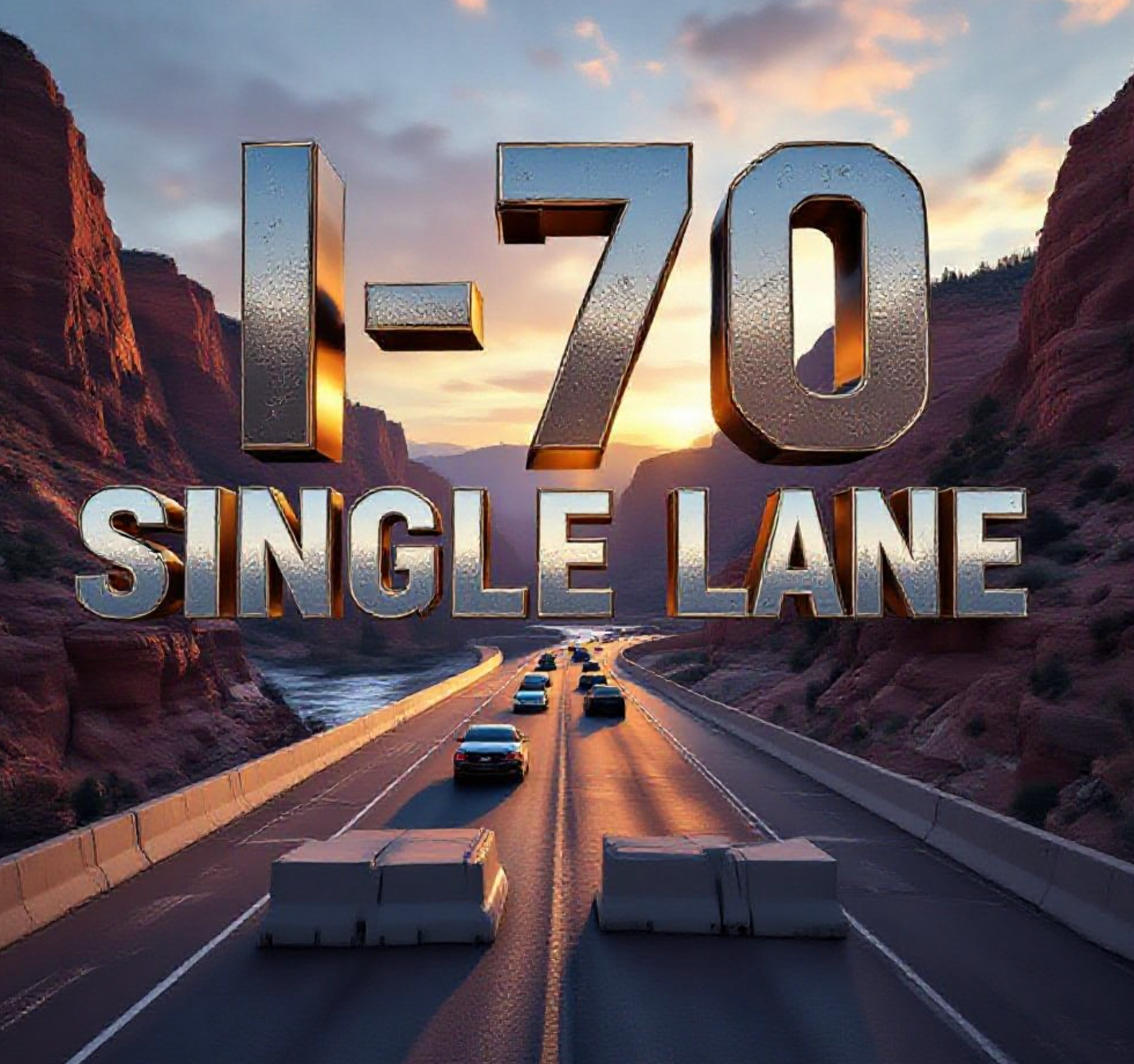 A viral, hyper-realistic YouTube thumbnail with a dramatic automotive atmosphere. The background is the iconic red rock walls of Glenwood Canyon at golden hour with the Colorado River rushing below and massive concrete barriers freshly placed across I-70. The composition uses a low-angle dramatic shot looking east through the canyon to emphasize the squeeze. Image size should be 3:2. The image features massive 3D typography with strict hierarchy: The Primary Text reads exactly: 'I-70 SINGLE LANE'. This text is massive, the largest element in the frame, rendered in weathered chrome and concrete texture to look like a high-budget 3D render. The Secondary Text reads exactly: 'STARTS MONDAY'. This text is significantly smaller, positioned below the main text with a bold red sticker-style border and slight motion blur effect. The text materials correspond to the story's concept. Crucial Instruction: There is absolutely NO other text, numbers, watermarks, or subtitles in this image other than these two specific lines. 8k, Unreal Engine 5, cinematic render