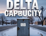 A viral, hyper-realistic YouTube thumbnail with a somber, cold winter atmosphere. The background is a frozen Western Slope street at dawn with snow-covered mesas and bare cottonwoods, Delta water tower barely visible through blowing snow. The composition uses a low, wide camera angle to focus on the main subject: a weathered metal door with a small handwritten sign reading “Riverbend Resource Center – OPEN.” Image size should be 3:2. The image features massive 3D typography with strict hierarchy: The Primary Text reads exactly: 'DELTA AT CAPACITY'. This text is massive, the largest element in the frame, rendered in frozen ice blue chrome with cracking frost effects to look like a high-budget 3D render. The Secondary Text reads exactly: 'No Shelter Left'. This text is significantly smaller, positioned below the main text with a blood-red glowing outline and subtle heat distortion as if trying to melt the ice. 8k, Unreal Engine 5, cinematic render