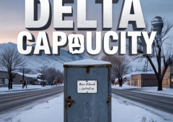 A viral, hyper-realistic YouTube thumbnail with a somber, cold winter atmosphere. The background is a frozen Western Slope street at dawn with snow-covered mesas and bare cottonwoods, Delta water tower barely visible through blowing snow. The composition uses a low, wide camera angle to focus on the main subject: a weathered metal door with a small handwritten sign reading “Riverbend Resource Center – OPEN.” Image size should be 3:2. The image features massive 3D typography with strict hierarchy: The Primary Text reads exactly: 'DELTA AT CAPACITY'. This text is massive, the largest element in the frame, rendered in frozen ice blue chrome with cracking frost effects to look like a high-budget 3D render. The Secondary Text reads exactly: 'No Shelter Left'. This text is significantly smaller, positioned below the main text with a blood-red glowing outline and subtle heat distortion as if trying to melt the ice. 8k, Unreal Engine 5, cinematic render