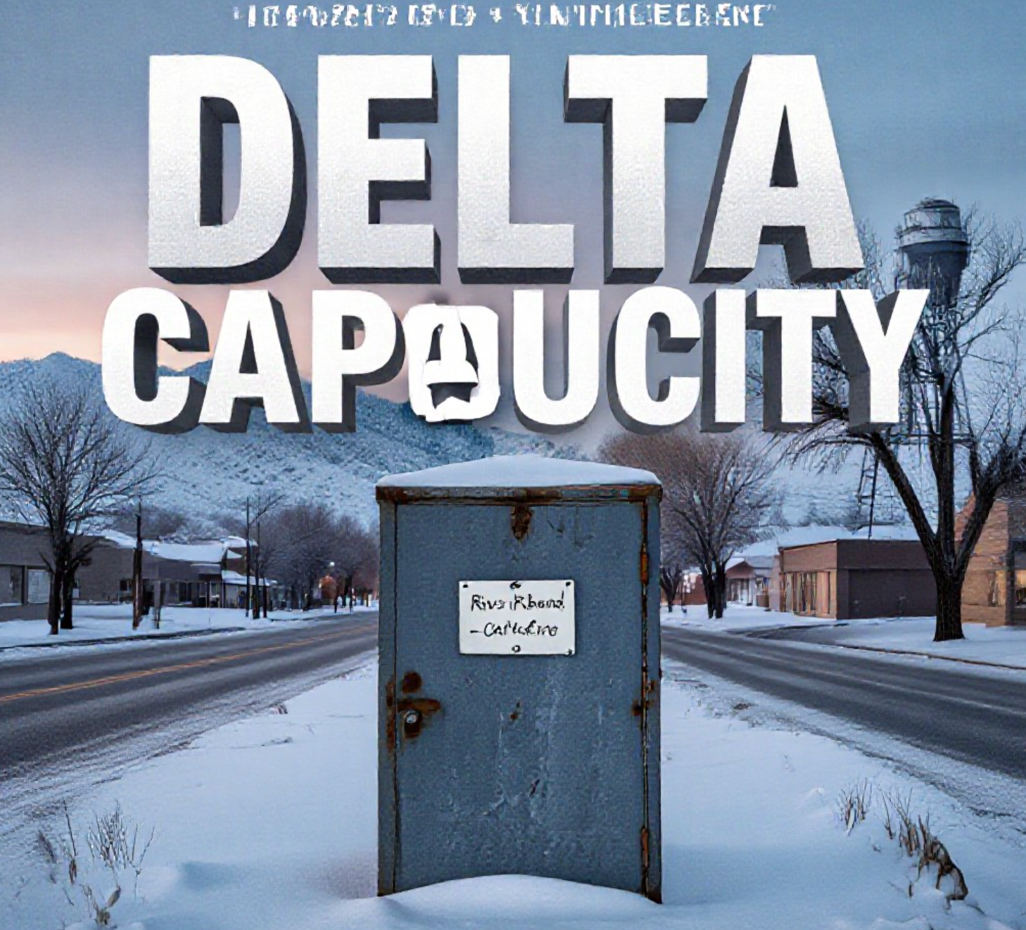 A viral, hyper-realistic YouTube thumbnail with a somber, cold winter atmosphere. The background is a frozen Western Slope street at dawn with snow-covered mesas and bare cottonwoods, Delta water tower barely visible through blowing snow. The composition uses a low, wide camera angle to focus on the main subject: a weathered metal door with a small handwritten sign reading “Riverbend Resource Center – OPEN.” Image size should be 3:2. The image features massive 3D typography with strict hierarchy: The Primary Text reads exactly: 'DELTA AT CAPACITY'. This text is massive, the largest element in the frame, rendered in frozen ice blue chrome with cracking frost effects to look like a high-budget 3D render. The Secondary Text reads exactly: 'No Shelter Left'. This text is significantly smaller, positioned below the main text with a blood-red glowing outline and subtle heat distortion as if trying to melt the ice. 8k, Unreal Engine 5, cinematic render