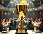 A viral, hyper-realistic YouTube thumbnail with a luxurious gold and deep teal business empowerment atmosphere. The background is a grand university ballroom filled with elegant round tables, soft spotlights, and hundreds of confident women networking with warm smiles and raised glasses, with subtle floating lemon slices transforming into golden light particles. The composition uses a dramatic low-angle shot to focus on the main subject: a massive, gleaming golden trophy shaped like a lemon being squeezed with sparkling lemonade pouring out in slow-motion droplets. Image size should be 3:2. The image features massive 3D typography with strict hierarchy: The Primary Text reads exactly: 'WHEN LIFE GIVES YOU WOMEN'. This text is massive, the largest element in the frame, rendered in liquid gold chrome with dripping metallic effect to look like a high-budget 3D render. The Secondary Text reads exactly: 'INCREDIBLE THINGS HAPPEN'. This text is significantly smaller, positioned below the main text. It features a thick, glowing white outline with electric teal border to contrast against the background. 8k, Unreal Engine 5, cinematic render.