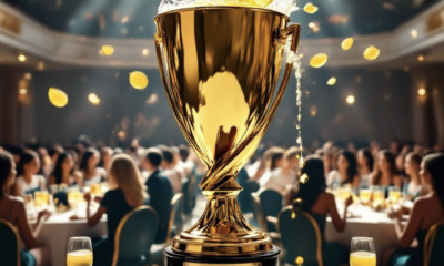 A viral, hyper-realistic YouTube thumbnail with a luxurious gold and deep teal business empowerment atmosphere. The background is a grand university ballroom filled with elegant round tables, soft spotlights, and hundreds of confident women networking with warm smiles and raised glasses, with subtle floating lemon slices transforming into golden light particles. The composition uses a dramatic low-angle shot to focus on the main subject: a massive, gleaming golden trophy shaped like a lemon being squeezed with sparkling lemonade pouring out in slow-motion droplets. Image size should be 3:2. The image features massive 3D typography with strict hierarchy: The Primary Text reads exactly: 'WHEN LIFE GIVES YOU WOMEN'. This text is massive, the largest element in the frame, rendered in liquid gold chrome with dripping metallic effect to look like a high-budget 3D render. The Secondary Text reads exactly: 'INCREDIBLE THINGS HAPPEN'. This text is significantly smaller, positioned below the main text. It features a thick, glowing white outline with electric teal border to contrast against the background. 8k, Unreal Engine 5, cinematic render.
