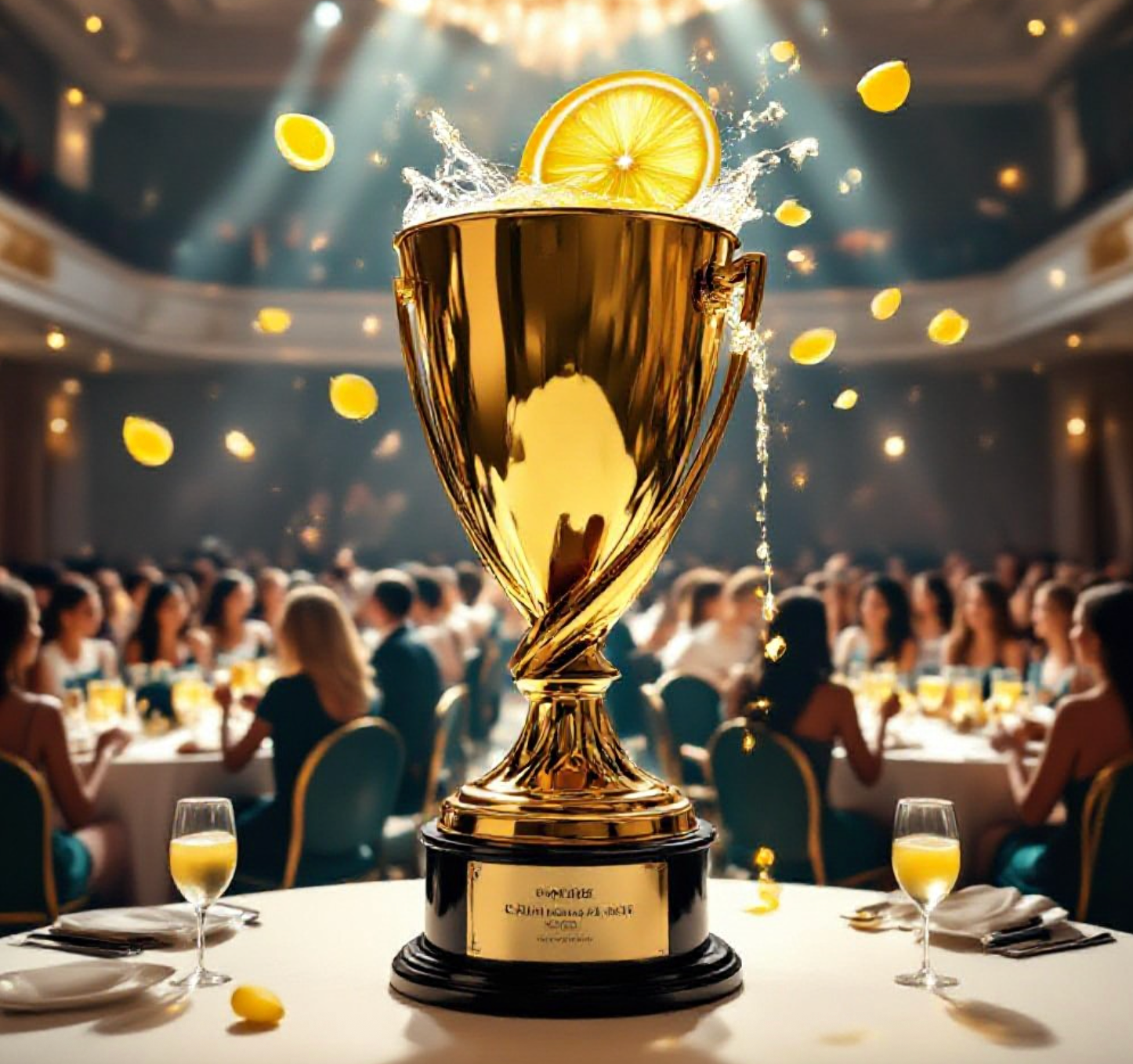 A viral, hyper-realistic YouTube thumbnail with a luxurious gold and deep teal business empowerment atmosphere. The background is a grand university ballroom filled with elegant round tables, soft spotlights, and hundreds of confident women networking with warm smiles and raised glasses, with subtle floating lemon slices transforming into golden light particles. The composition uses a dramatic low-angle shot to focus on the main subject: a massive, gleaming golden trophy shaped like a lemon being squeezed with sparkling lemonade pouring out in slow-motion droplets. Image size should be 3:2.
The image features massive 3D typography with strict hierarchy:
The Primary Text reads exactly: 'WHEN LIFE GIVES YOU WOMEN'. This text is massive, the largest element in the frame, rendered in liquid gold chrome with dripping metallic effect to look like a high-budget 3D render.
The Secondary Text reads exactly: 'INCREDIBLE THINGS HAPPEN'. This text is significantly smaller, positioned below the main text. It features a thick, glowing white outline with electric teal border to contrast against the background. 8k, Unreal Engine 5, cinematic render.