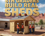 A viral, hyper-realistic YouTube thumbnail with a gritty Western Colorado construction vibe atmosphere. The background is a bright sunny job site at Fruita Middle School with red desert mountains behind and fresh lumber scattered. The composition uses a low heroic camera angle to focus on the main subject: a perfectly built wooden shed with a bright new shingle roof being worked on by hard-hat-wearing middle school students standing proudly on top. Image size should be 3:2. The image features massive 3D typography with strict hierarchy: The Primary Text reads exactly: '8TH GRADERS BUILD REAL SHEDS'. This text is massive, the largest element in the frame, rendered in weathered brushed steel with rivets to look like a high-budget 3D render. The Secondary Text reads exactly: 'AND MAKE BANK'. This text is significantly smaller, positioned below the main text with a thick red sticker-style outline and slight tilt for energy. Make sure text 2 has completely different style and border than text 1. The text materials scream blue-collar pride and money. Crucial Instruction: There is absolutely NO other text, numbers, watermarks, or subtitles in this image other than these two specific lines. 8k, Unreal Engine 5, cinematic render