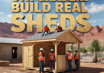 A viral, hyper-realistic YouTube thumbnail with a gritty Western Colorado construction vibe atmosphere. The background is a bright sunny job site at Fruita Middle School with red desert mountains behind and fresh lumber scattered. The composition uses a low heroic camera angle to focus on the main subject: a perfectly built wooden shed with a bright new shingle roof being worked on by hard-hat-wearing middle school students standing proudly on top. Image size should be 3:2. The image features massive 3D typography with strict hierarchy: The Primary Text reads exactly: '8TH GRADERS BUILD REAL SHEDS'. This text is massive, the largest element in the frame, rendered in weathered brushed steel with rivets to look like a high-budget 3D render. The Secondary Text reads exactly: 'AND MAKE BANK'. This text is significantly smaller, positioned below the main text with a thick red sticker-style outline and slight tilt for energy. Make sure text 2 has completely different style and border than text 1. The text materials scream blue-collar pride and money. Crucial Instruction: There is absolutely NO other text, numbers, watermarks, or subtitles in this image other than these two specific lines. 8k, Unreal Engine 5, cinematic render