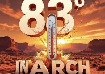 A viral, hyper-realistic YouTube thumbnail with a dramatic desert summer atmosphere. The background is a vast sun-scorched Colorado Plateau landscape under a blazing orange sky with intense heat waves rising from red rock canyons. The composition uses a dramatic low-angle shot to focus on the main subject: a massive classic mercury thermometer bursting past 83 degrees with liquid exploding outward. Image size should be 3:2. The image features massive 3D typography with strict hierarchy: The Primary Text reads exactly: '83° IN MARCH'. This text is massive, the largest element in the frame, rendered in molten chrome and fire effect to look like a high-budget 3D render. The Secondary Text reads exactly: 'Records Shattered'. This text is significantly smaller, positioned below the main text. It features a thick, glowing red border/outline (sticker style) to contrast against the background. Make sure text 2 is always different theme, style, effect and border compared to text 1. The text materials correspond to the story's concept. Crucial Instruction: There is absolutely NO other text, numbers, watermarks, or subtitles in this image other than these two specific lines. 8k, Unreal Engine 5, cinematic render.